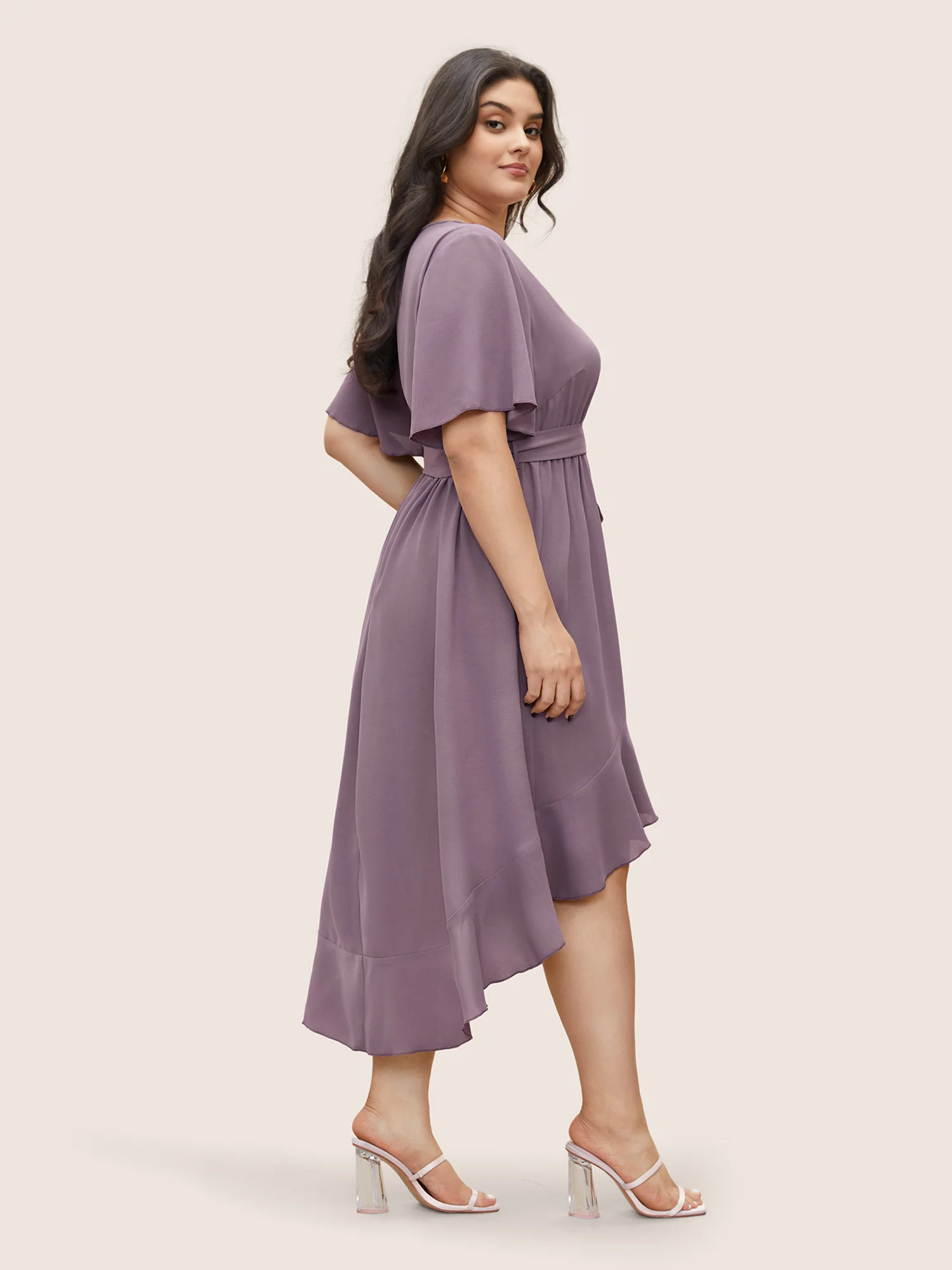 Bloom Dress - Solid Tie Surplice Ruffle High Low Dress - Image 2