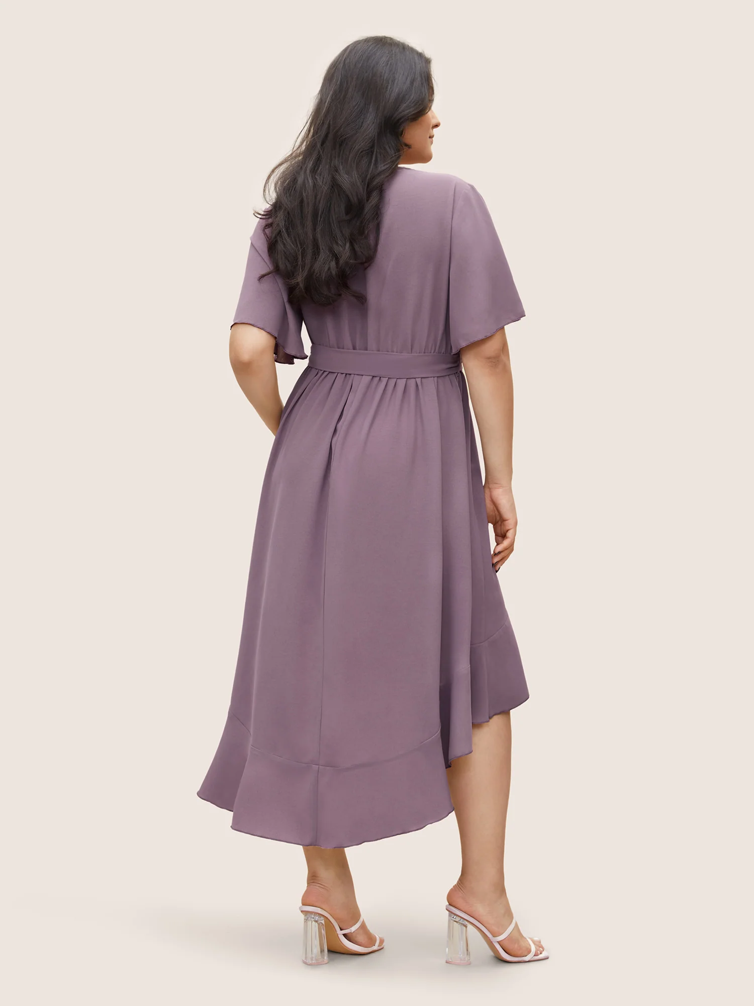 Bloom Dress - Solid Tie Surplice Ruffle High Low Dress - Image 3