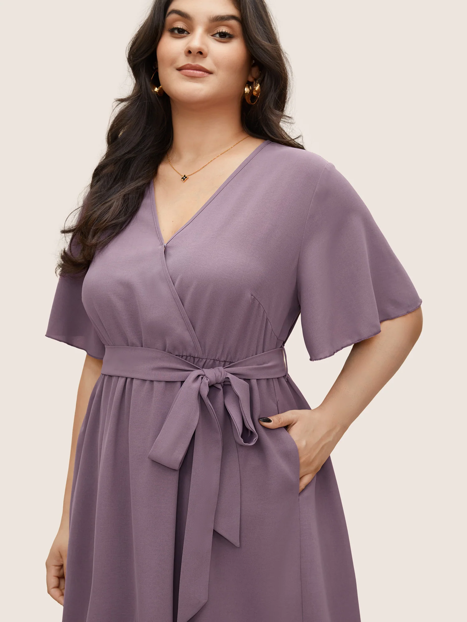 Bloom Dress - Solid Tie Surplice Ruffle High Low Dress - Image 4
