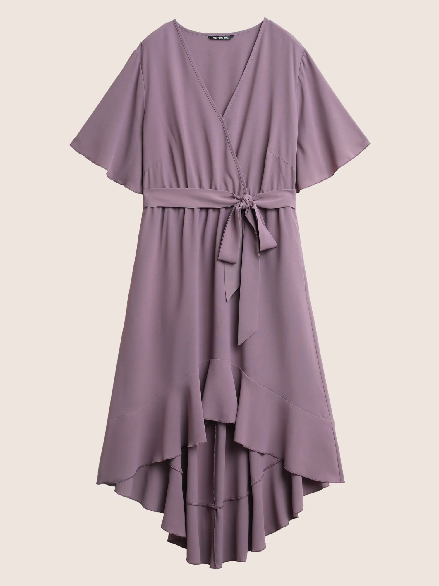 Bloom Dress - Solid Tie Surplice Ruffle High Low Dress - Image 7