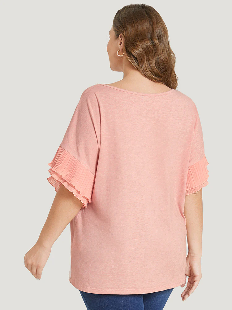 Solid Tiered Dolman Sleeve Ruffle Pleated Detail T-shirt - Image 2