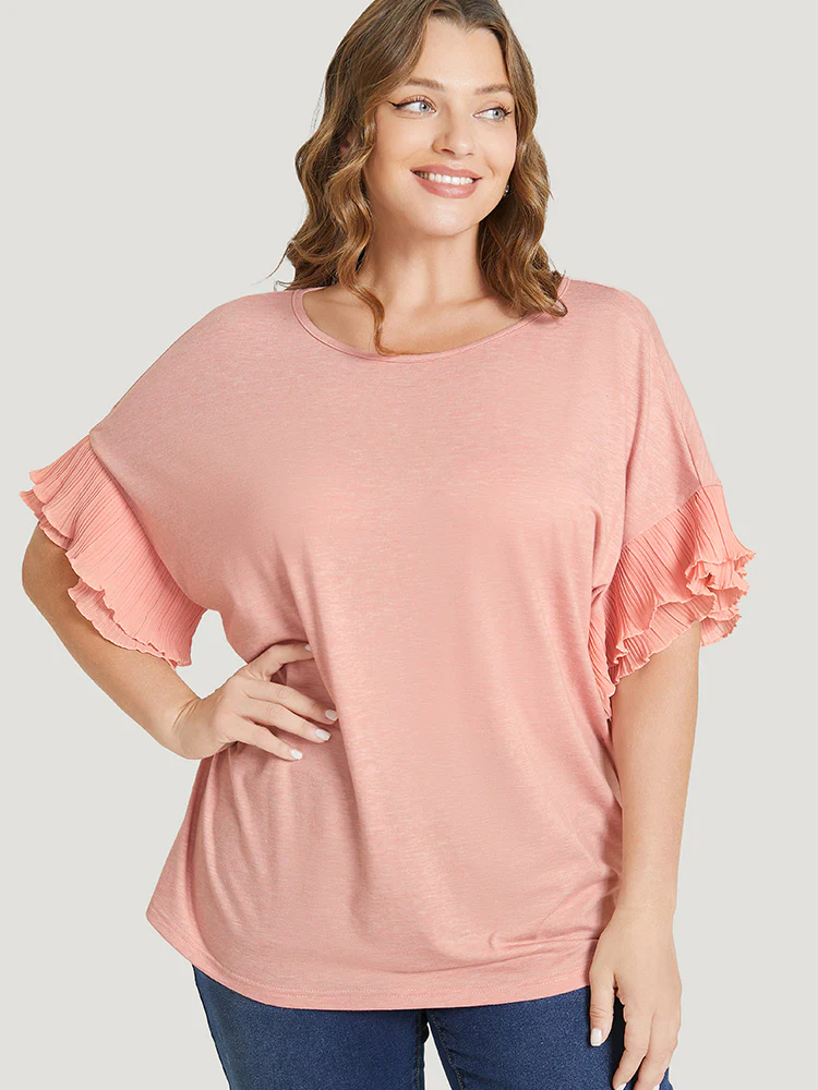 Solid Tiered Dolman Sleeve Ruffle Pleated Detail T-shirt - Image 3