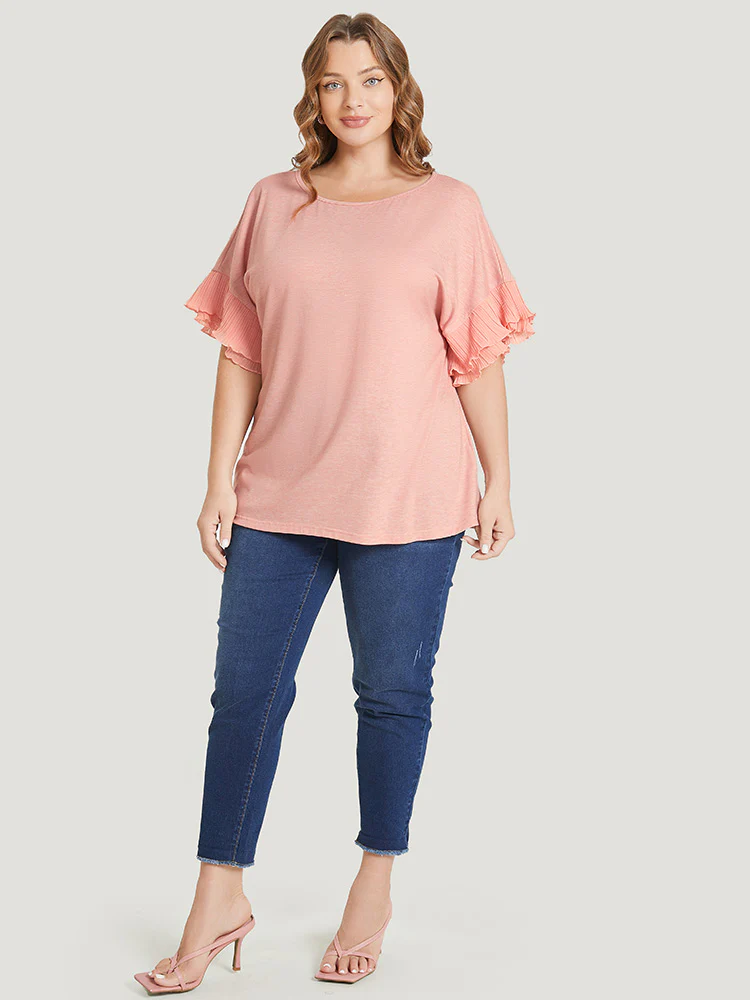 Solid Tiered Dolman Sleeve Ruffle Pleated Detail T-shirt - Image 6