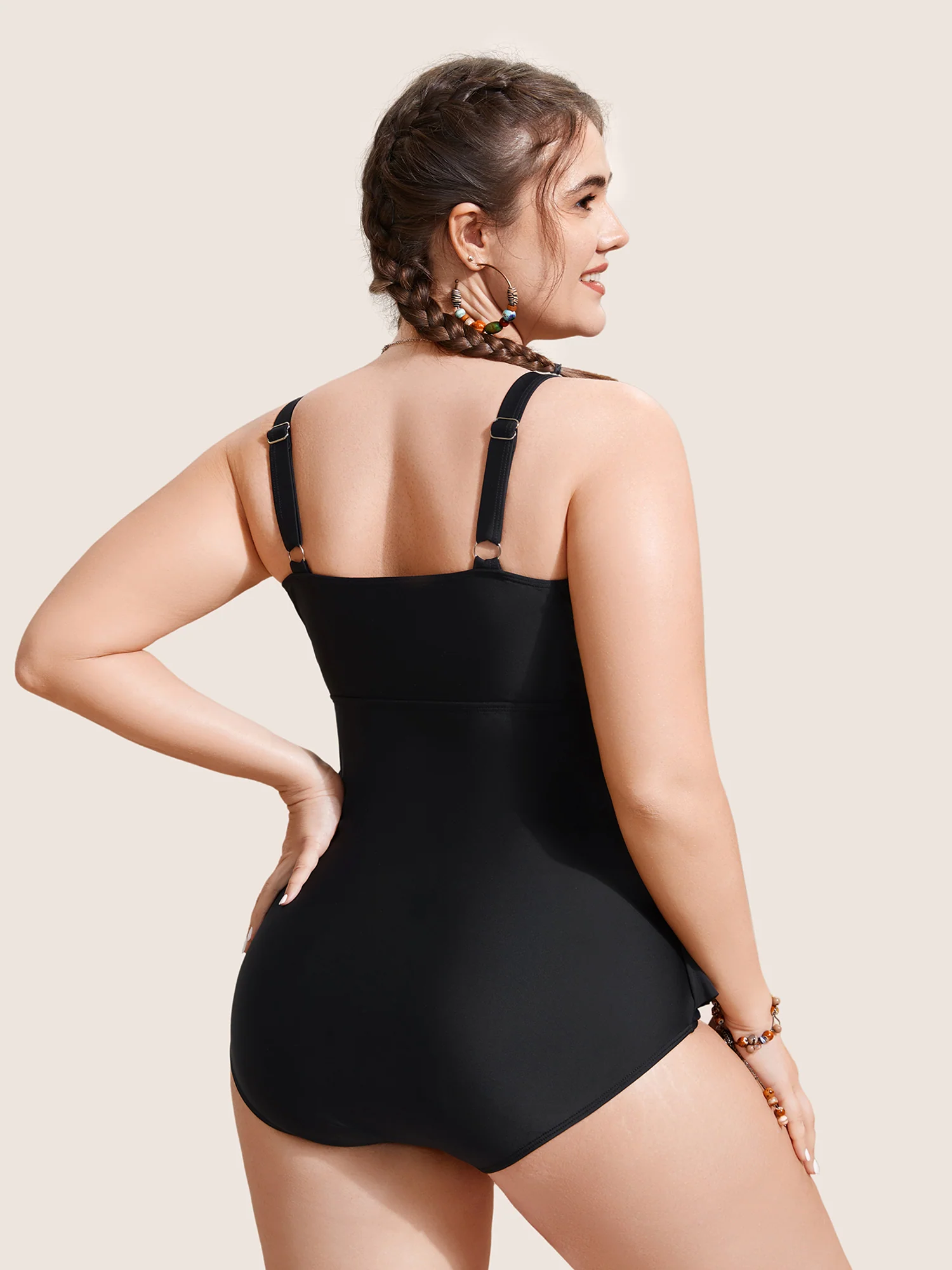 Solid Tiered Ruffles Ruched One Piece Swimsuit - Image 2