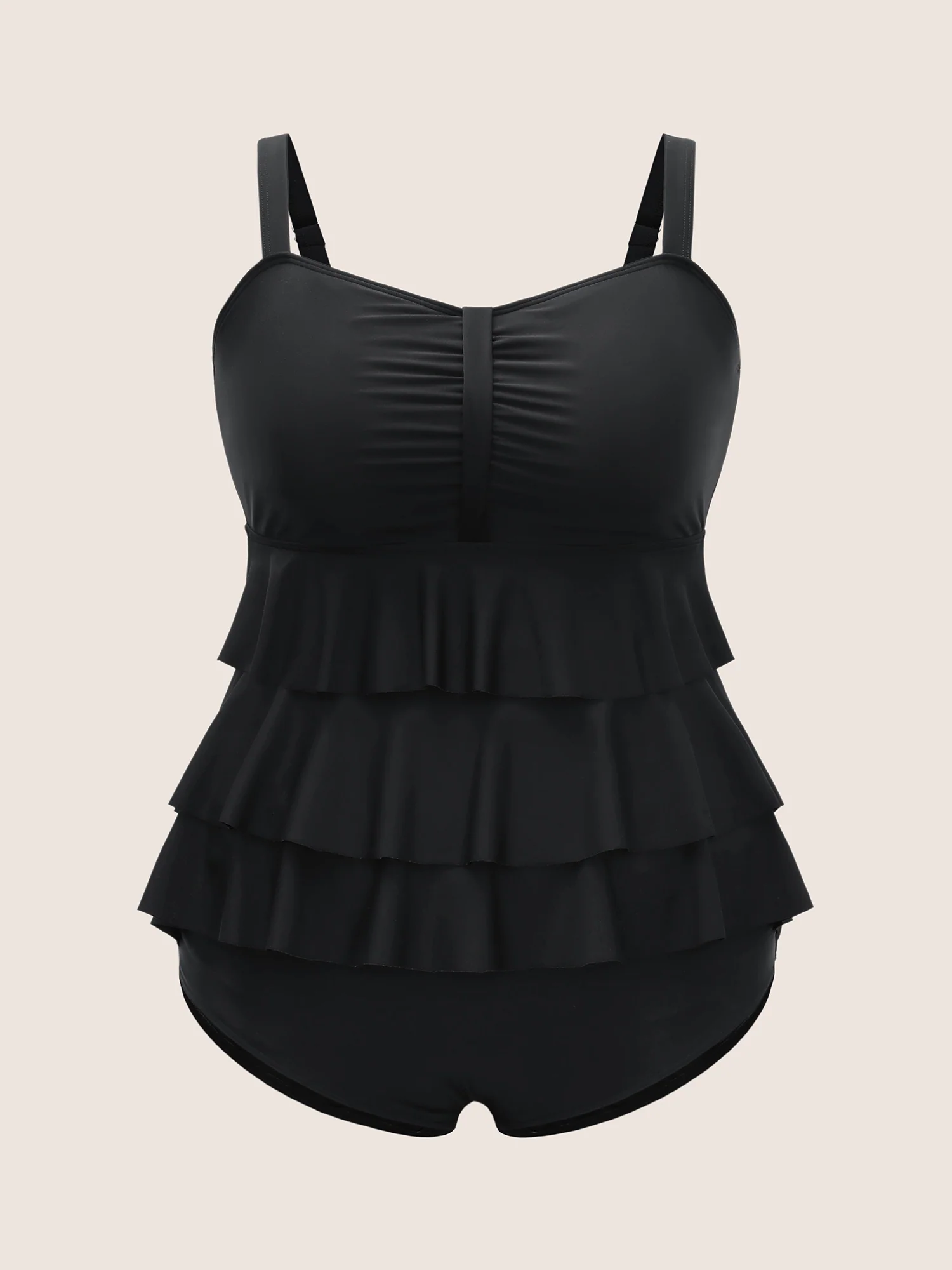 Solid Tiered Ruffles Ruched One Piece Swimsuit - Image 7
