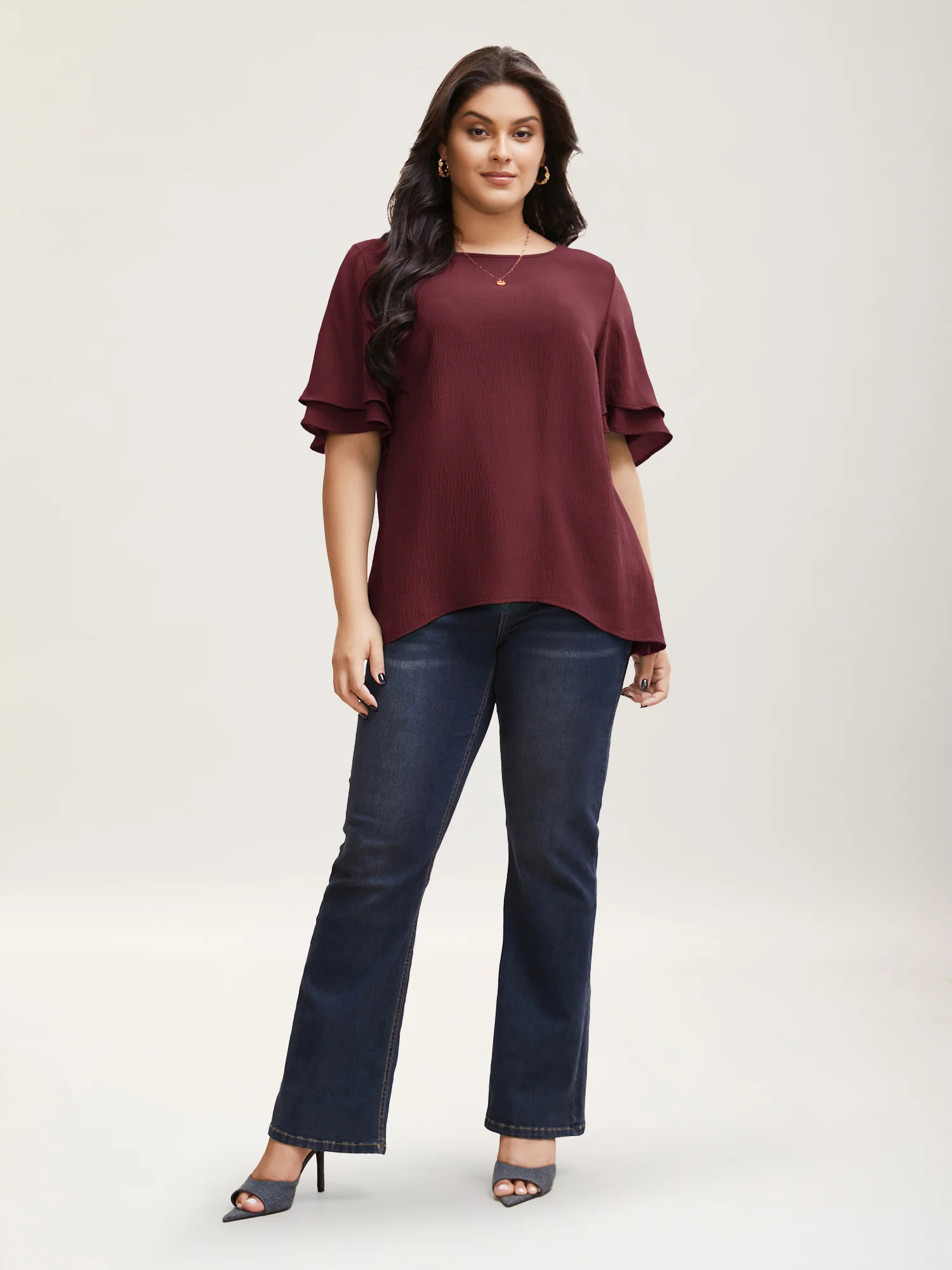 Solid Tiered Ruffles Split Hem Blouse - Image 2