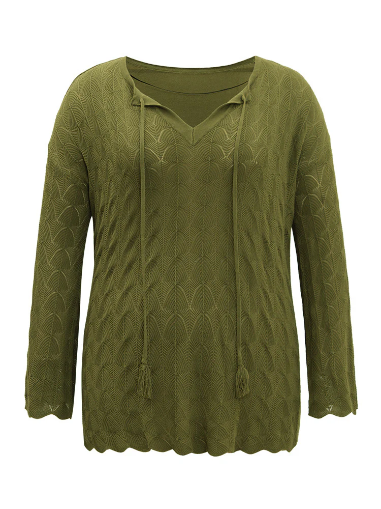 Solid Ties Bell Sleeve Scalloped Trim Breathable Pullover - Image 10