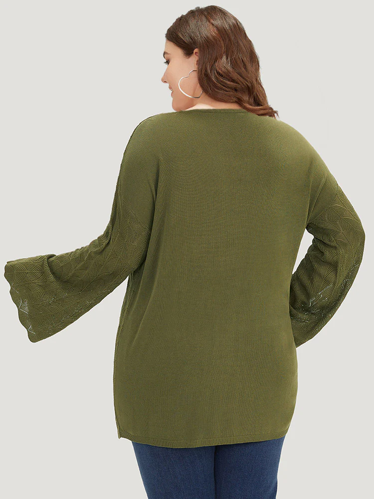 Solid Ties Bell Sleeve Scalloped Trim Breathable Pullover - Image 2