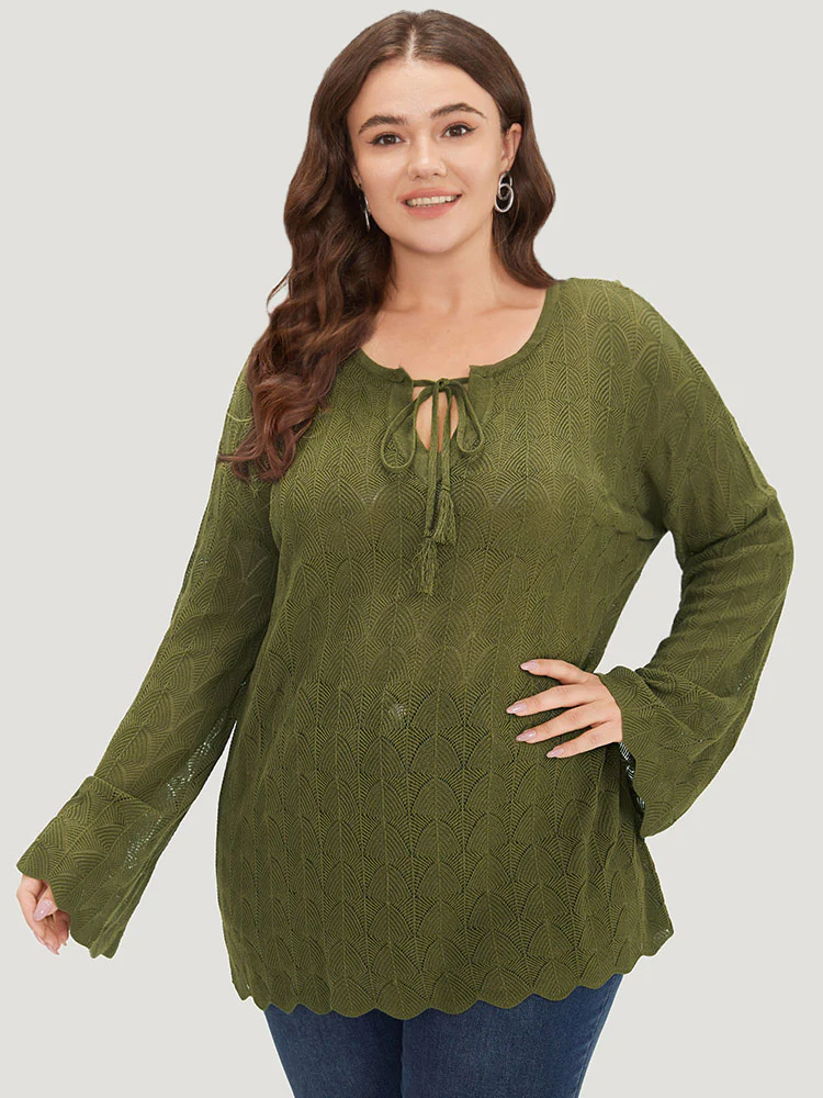 Solid Ties Bell Sleeve Scalloped Trim Breathable Pullover - Image 4