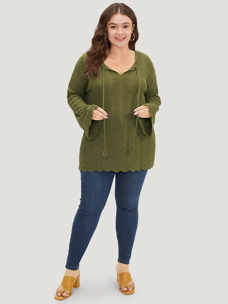 Solid Ties Bell Sleeve Scalloped Trim Breathable Pullover - Image 5