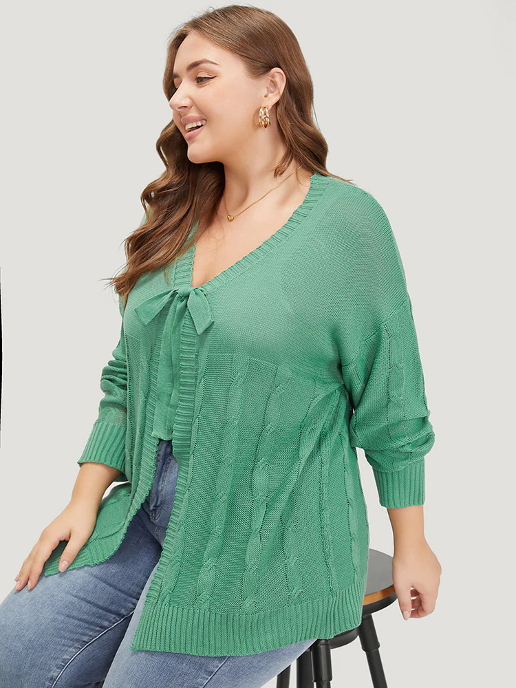 Solid Ties Front Cable Knit Cardigan - Image 5