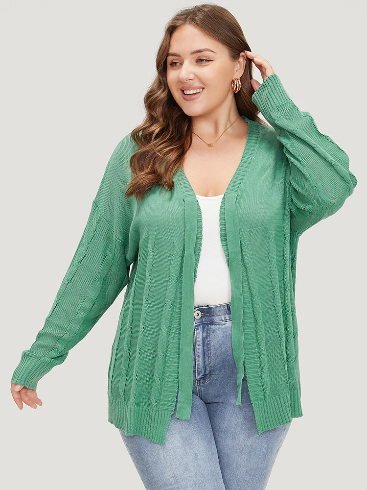 Solid Ties Front Cable Knit Cardigan - Image 6