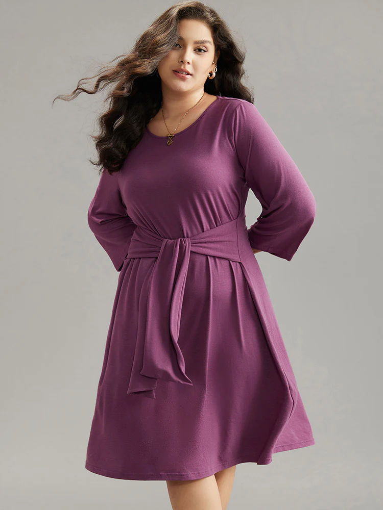 Solid Ties Knot Round Neck Dress - Image 2