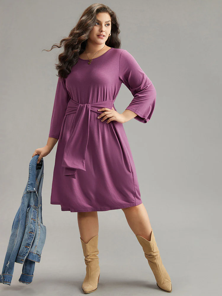 Solid Ties Knot Round Neck Dress - Image 3