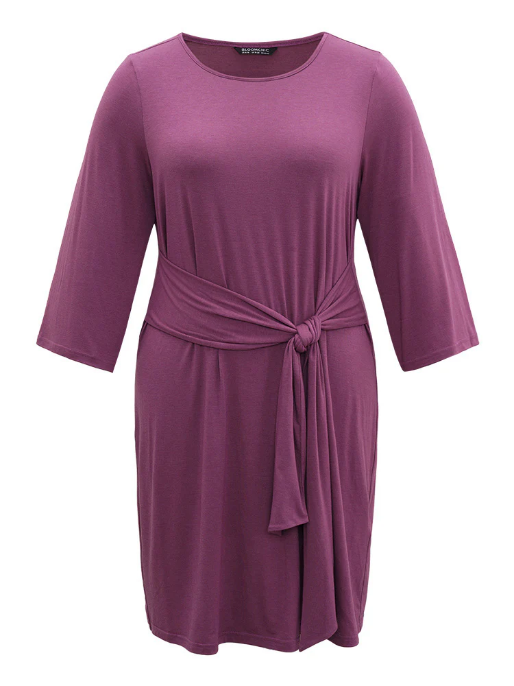 Solid Ties Knot Round Neck Dress - Image 7