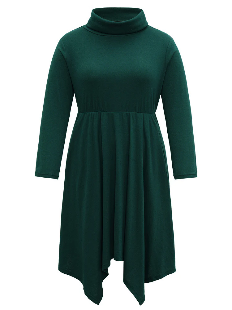Solid Turtleneck Hanky Hem Pocket Dress - Image 6