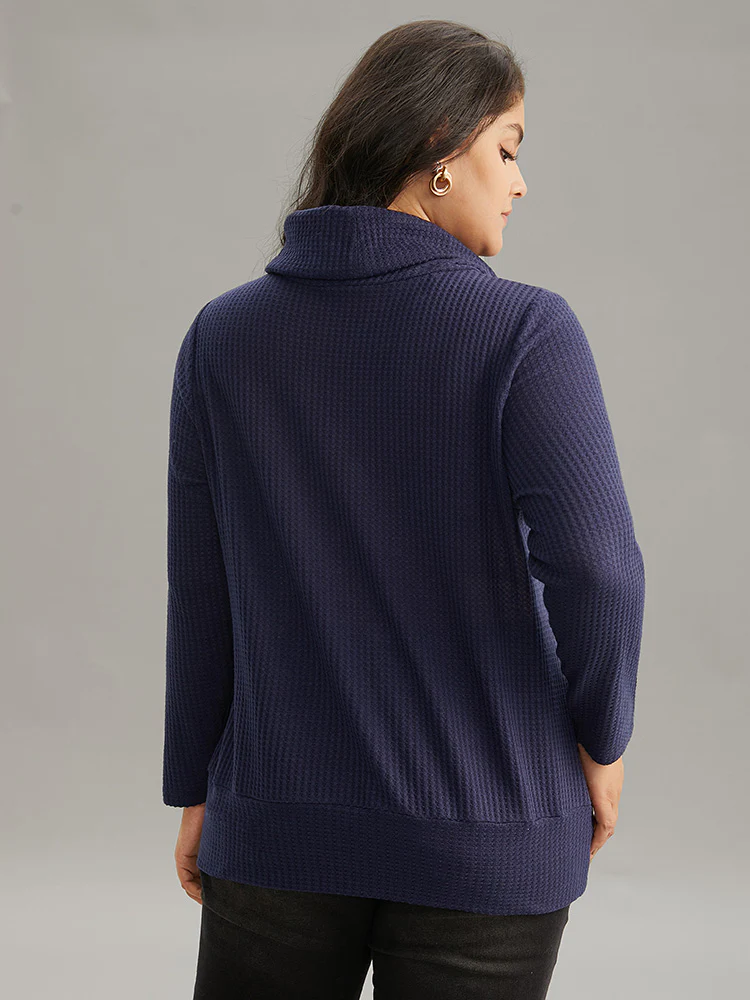 Solid Funnel Neck Waffle Knit Drawstring T-shirt - Image 2