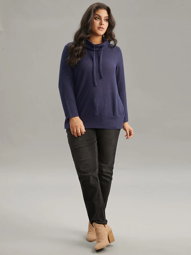Solid Funnel Neck Waffle Knit Drawstring T-shirt - Image 3