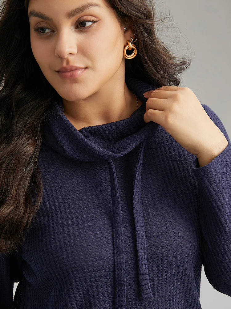 Solid Funnel Neck Waffle Knit Drawstring T-shirt - Image 4