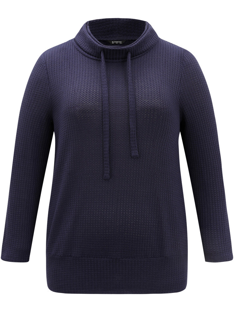Solid Funnel Neck Waffle Knit Drawstring T-shirt - Image 5