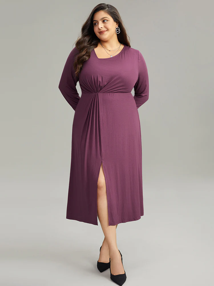 Solid Twist Front Gathered Split Hem Dress - Image 2