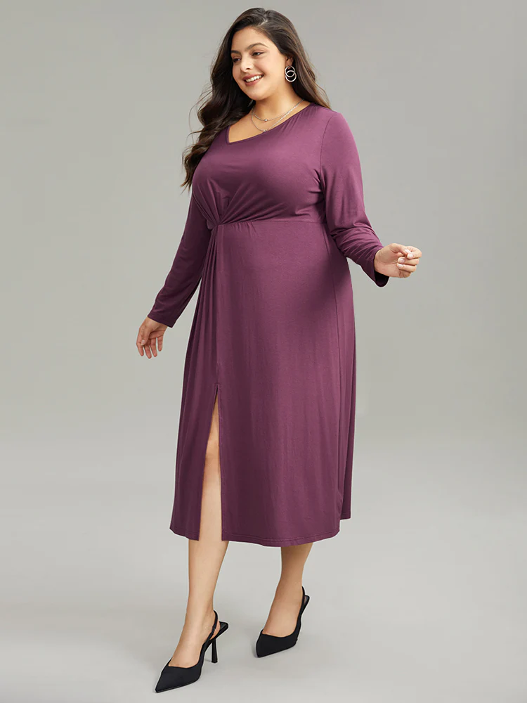 Solid Twist Front Gathered Split Hem Dress - Image 3