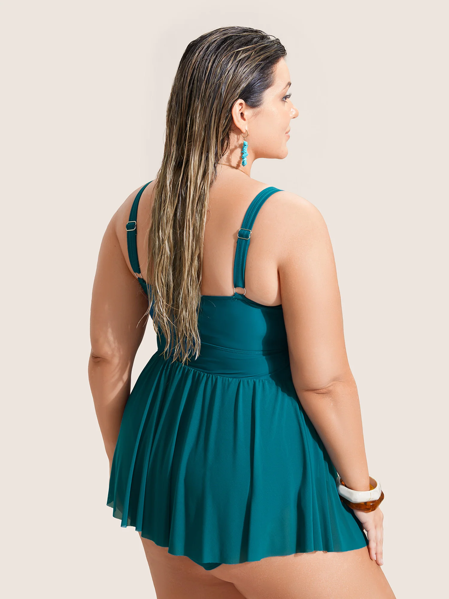 Solid Twist Front Heart Neckline Swim Dress - Image 2