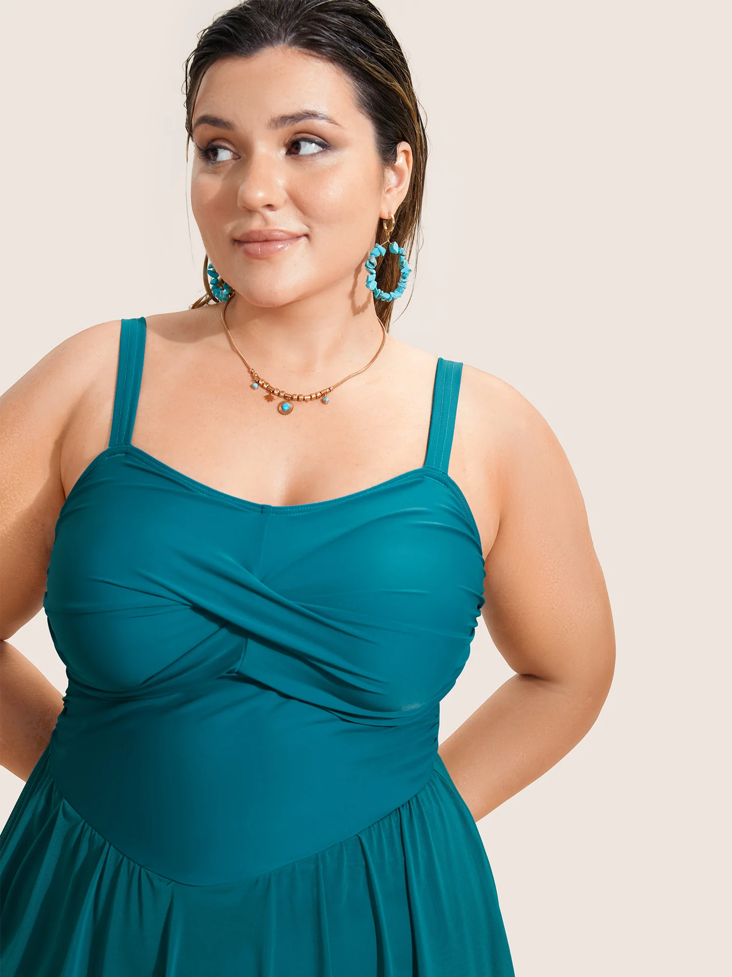 Solid Twist Front Heart Neckline Swim Dress - Image 4