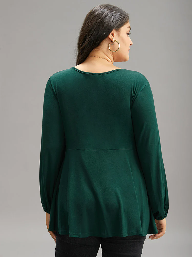 Solid Twist Front Ruched Lantern Sleeve T-shirt - Image 2