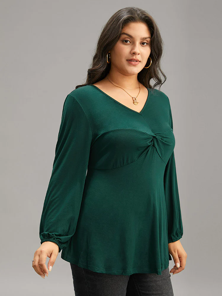 Solid Twist Front Ruched Lantern Sleeve T-shirt - Image 3