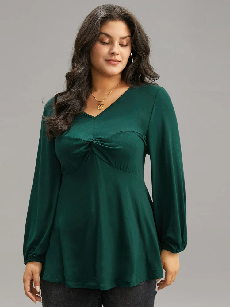 Solid Twist Front Ruched Lantern Sleeve T-shirt - Image 4