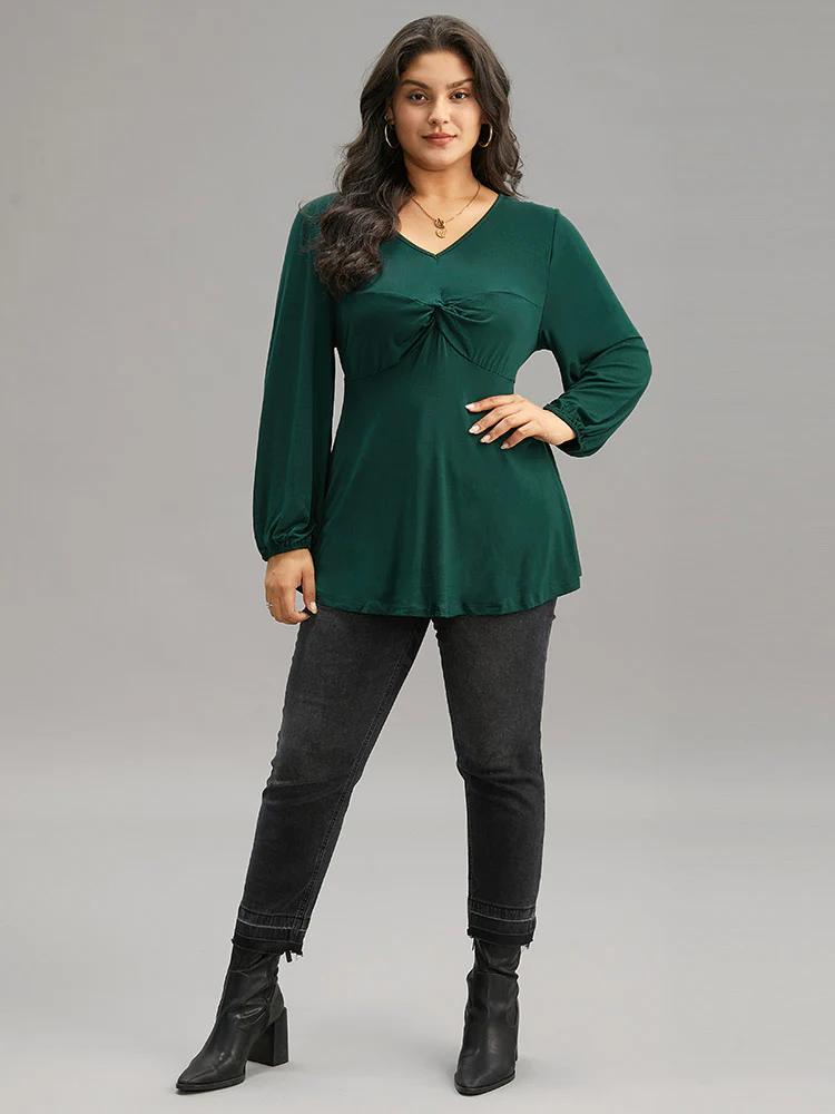 Solid Twist Front Ruched Lantern Sleeve T-shirt - Image 5