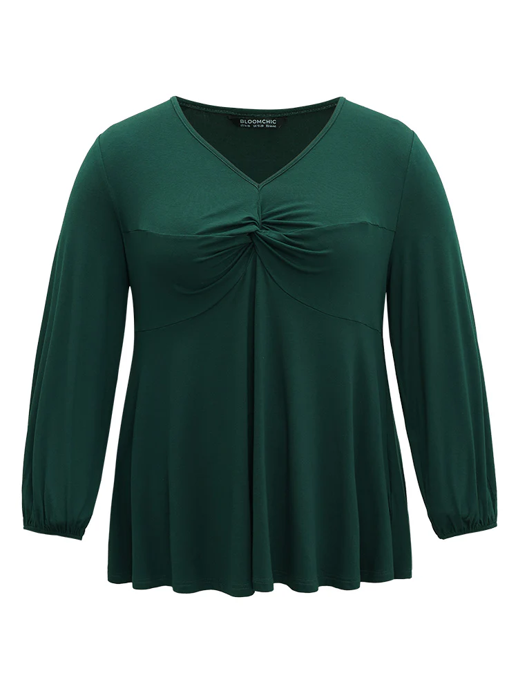 Solid Twist Front Ruched Lantern Sleeve T-shirt - Image 7