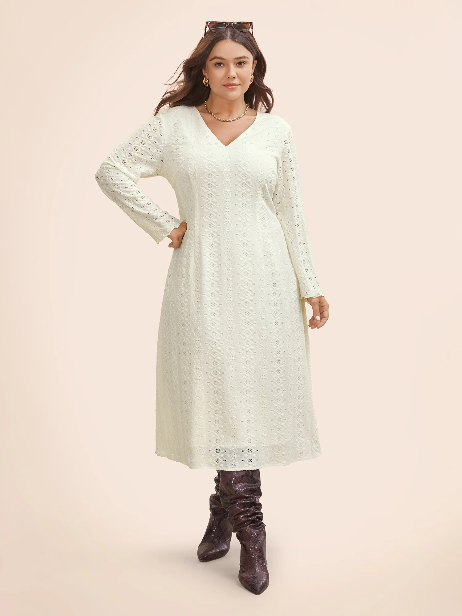 Solid V Neck Broderie Anglaise Dress
