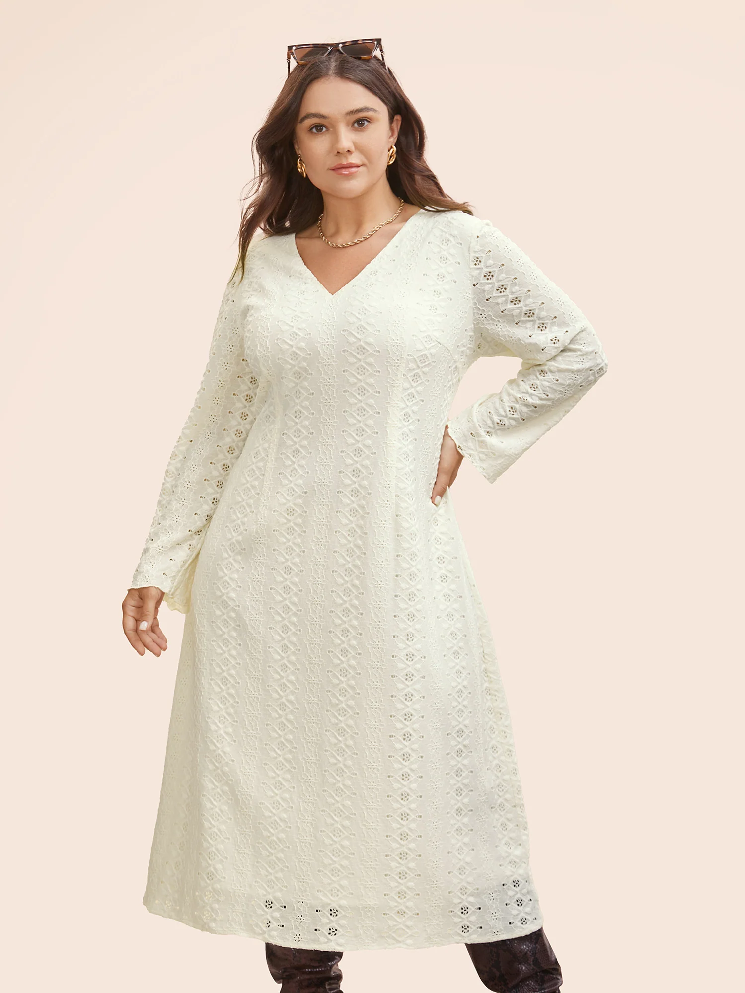 Solid V Neck Broderie Anglaise Dress - Image 2