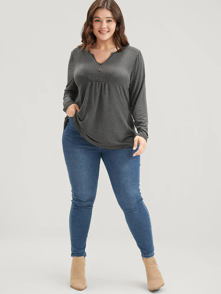 Solid V Neck Button Detail Long Tee - Image 2