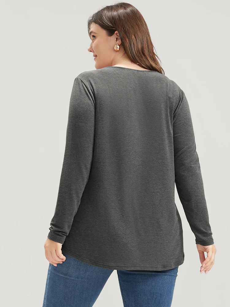 Solid V Neck Button Detail Long Tee - Image 3