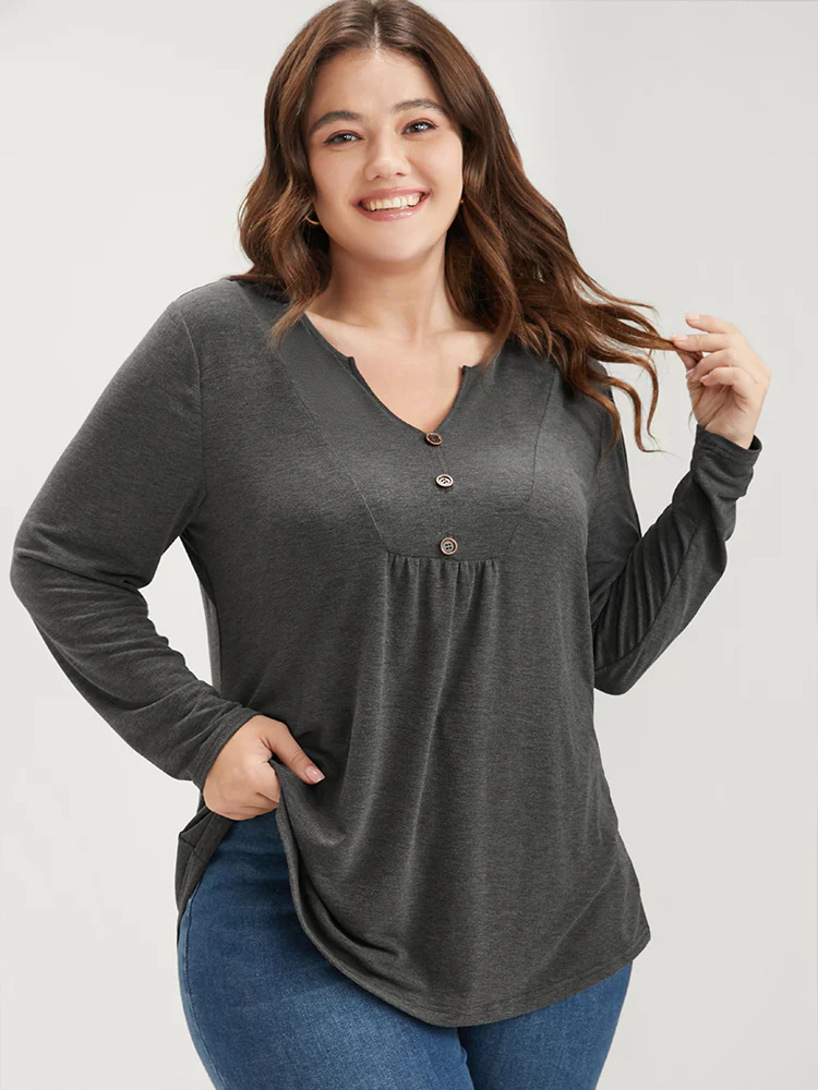 Solid V Neck Button Detail Long Tee - Image 4