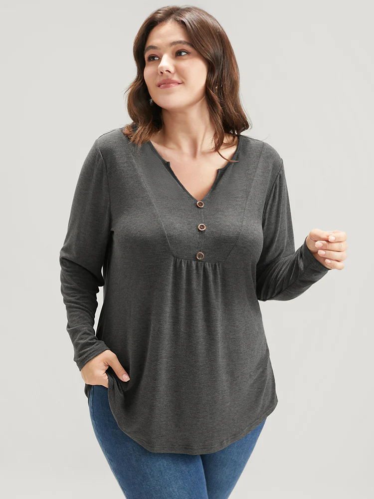 Solid V Neck Button Detail Long Tee - Image 5
