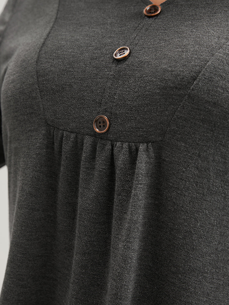Solid V Neck Button Detail Long Tee - Image 7