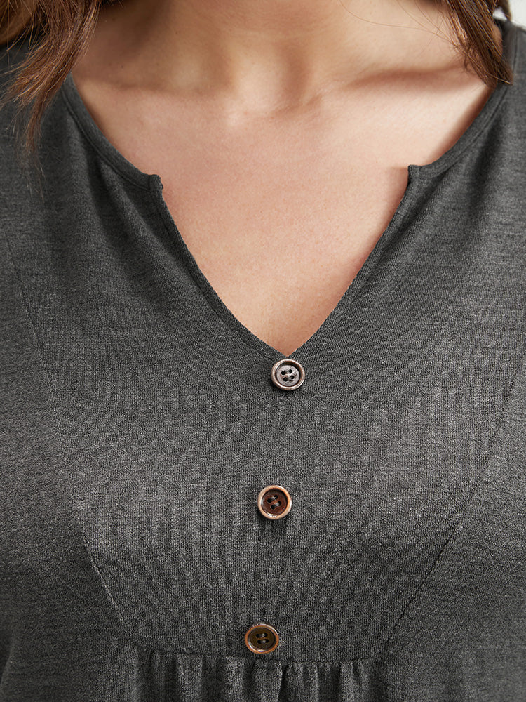 Solid V Neck Button Detail Long Tee - Image 8