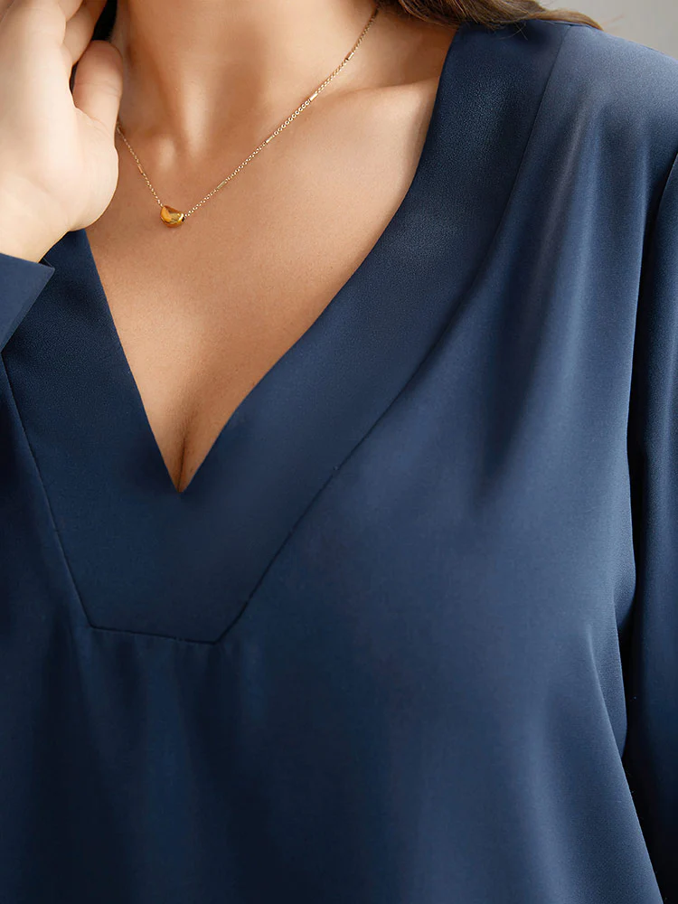 Solid V Neck Button Up Pleated Blouse - Image 6