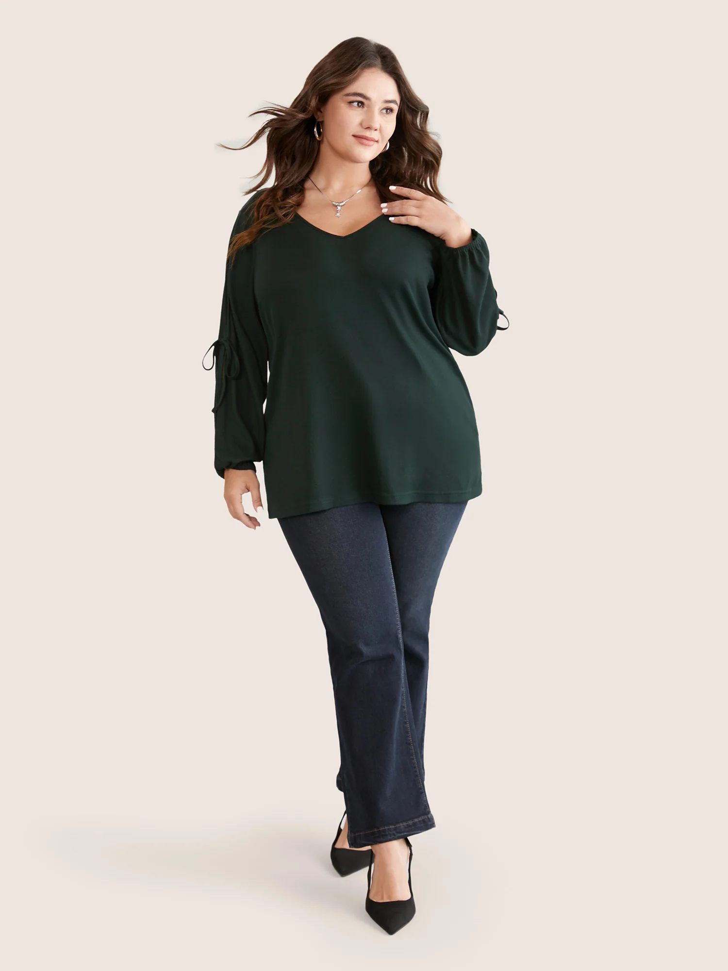 Solid V Neck Knot Ties T-shirt - Image 2