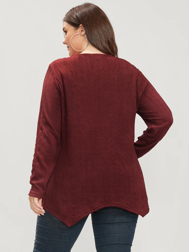Solid V Neck Lace Trim Asymmetrical Hem Long Tee - Image 5