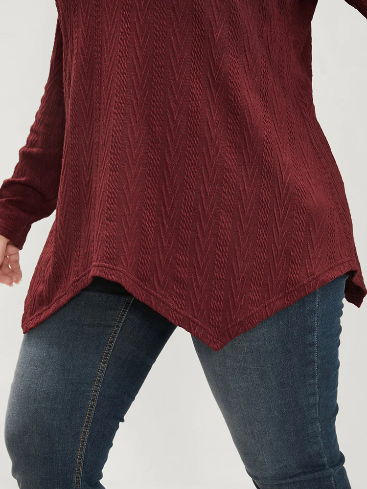 Solid V Neck Lace Trim Asymmetrical Hem Long Tee - Image 8