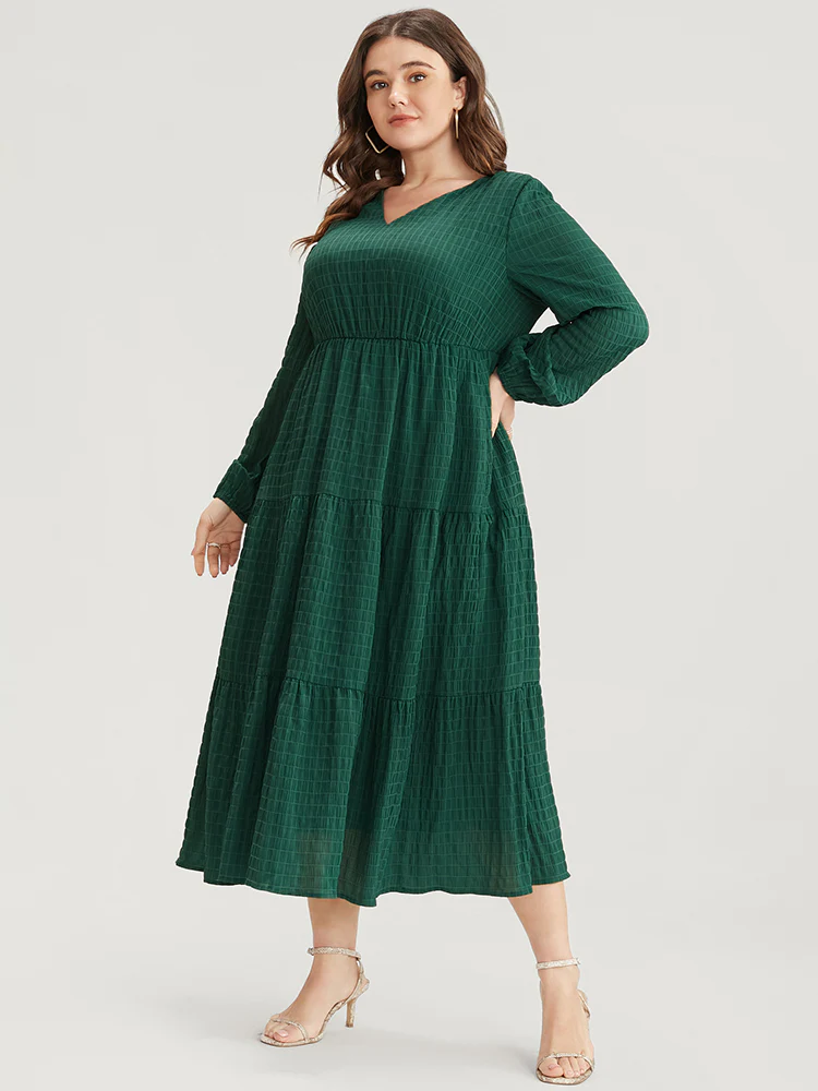 Solid V Neck Lantern Sleeve Pocket Gingham Flutter Dress - Image 2