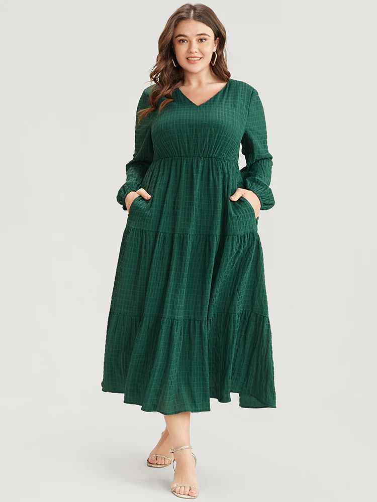 Solid V Neck Lantern Sleeve Pocket Gingham Flutter Dress - Image 3