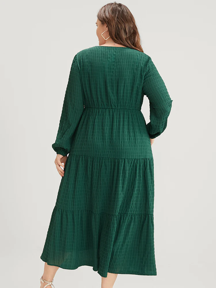 Solid V Neck Lantern Sleeve Pocket Gingham Flutter Dress - Image 4