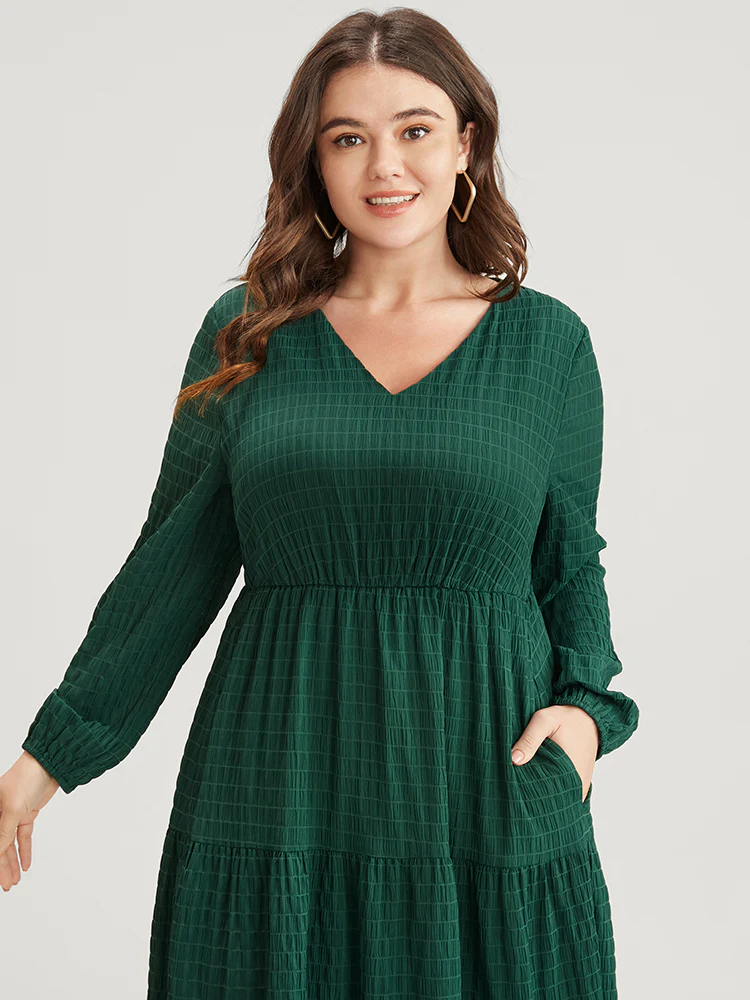 Solid V Neck Lantern Sleeve Pocket Gingham Flutter Dress - Image 5