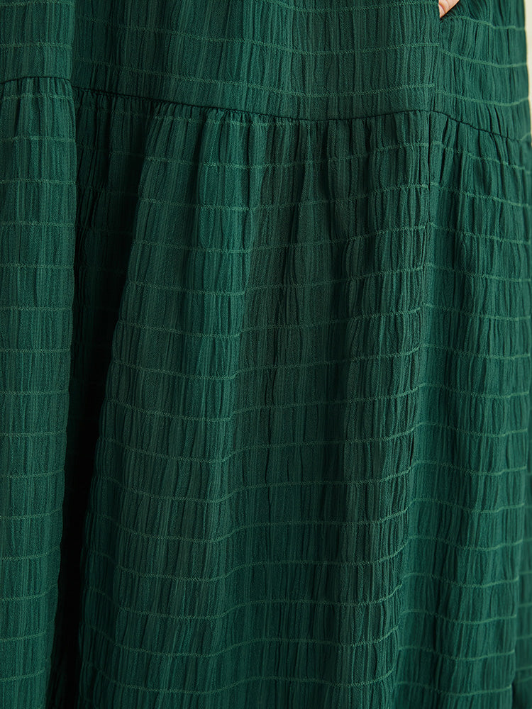 Solid V Neck Lantern Sleeve Pocket Gingham Flutter Dress - Image 8